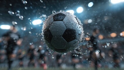 Naklejka premium A rain-soaked soccer ball in mid-air, surrounded by blurred players and a stadium backdrop under bright lights