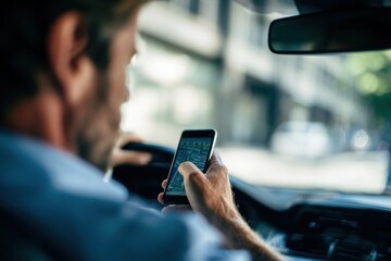 A man in a blue shirt is holding a phone and sitting in the driver's seat of his car He is looking at the phone screen and reading something Generative AI
