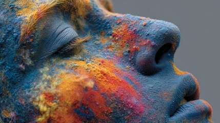 Model relaxing with colorful powder covering face and eyes closed