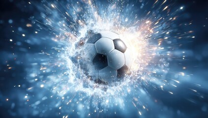 Fototapeta premium A soccer ball explodes in a burst of white-hot energy, surrounded by glowing blue sparks against a dark background. The image is dynamic and energetic
