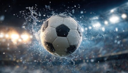 A wet soccer ball in mid-air, surrounded by splashing water, set against a blurred stadium background with bright lights