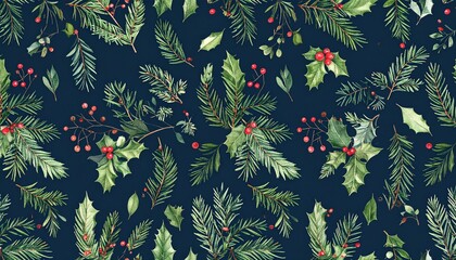 Lush Watercolor Christmas Foliage with Holly and Berries on a Deep Navy Background.