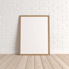 Minimalist Mockup Blank Vertical Wood Frame Leaning on a White Brick Wall in a Bright Modern Loft.