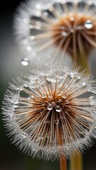 Obraz premium Close up of dandelions with water droplets after rain