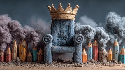 Golden crown on empty throne with smoking colored pencils symbolizing pollution