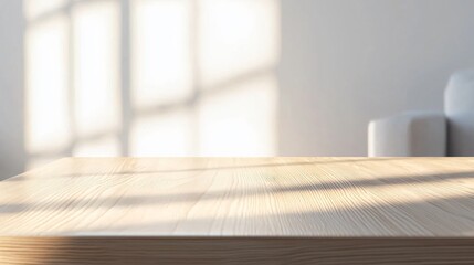 diffused natural light illuminating a close-up of an empty wooden table.