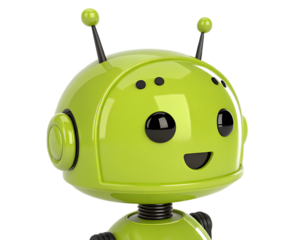 Close up of a green robot with a smiling face and antennae against a black background isolated