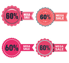 60% Mega Sale Badge Set Pink Red Ribbon Labels Vector Discount Promotion Marketing Design Elements