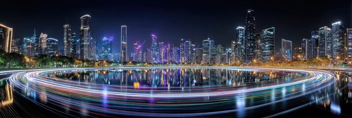 Night cityscape, light trails, circular road, city reflection