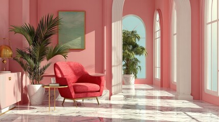Classic pink living room with red armchair, tropical plants and marble floor
