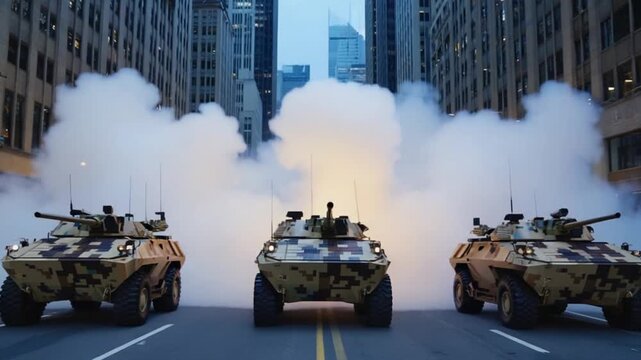 Military vehicles advance through a city street surrounded by smoke during an exercise