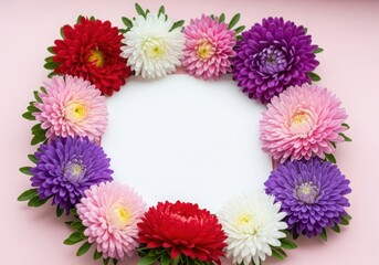 Fototapeta premium A colorful floral wreath of asters on a pink background with copy space