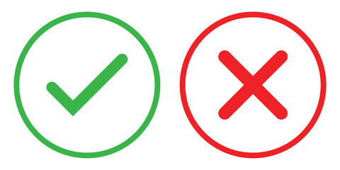 Icon set. Green checkmark, red X. Represent Dos and Don'ts, Good and Bad, Positive and Negative. Ideal for approval and rejection concepts. Green tick and red cross symbols in circle. Editable vector
