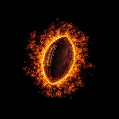 Fototapeta premium Fiery American football engulfed in a ring of intense orange and yellow flames against a stark black background
