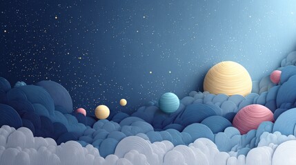 Colorful planets floating over paper clouds in a starry night sky