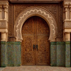Ornate Moroccan wooden door, intricate carvings, tiled entryway, sunny day, architectural detail, travel, history