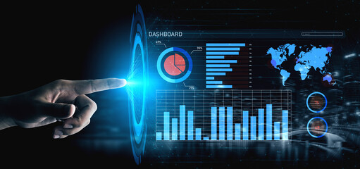 A futuristic digital dashboard displays interactive graphs and world maps, showcasing analytics and statistics, with a hand poised to touch the screen. Impute