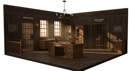 Old Western Sheriff Office Interior With Wooden Furniture On Isolated Transparent Background

