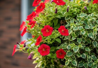 Naklejka premium Hanging basket filled with vibrant red petunias and green foliage