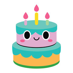A cute and colorful two tiered birthday cake with a happy face and three lit candles presented isolated on white background