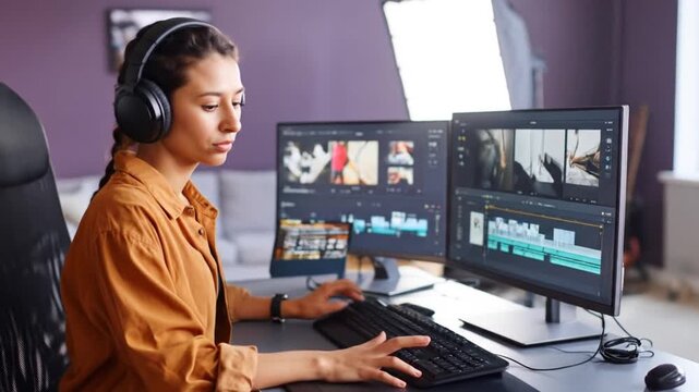 Young Woman Editing Video at Computer Desk in Modern Office with Two Monitors Headphones Keyboard and Production Software Interface