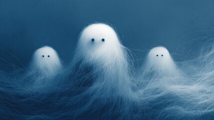 Three cute little ghosts floating on dark blue background