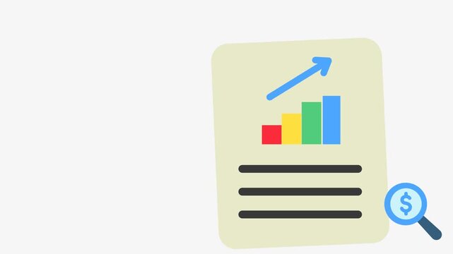 Data Analytics 2d Animated video clip, with report, growth bar and magnifying glass. Editable transparent background. Ideal for corporate presentation, financial, business, analysis and market.