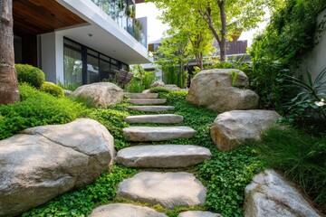 Stone steps ascend a lush, verdant garden nestled beside a modern house; large boulders flank the pathway, creating a serene, natural landscape