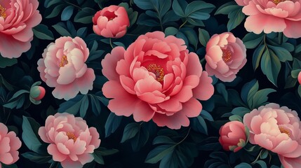Beautiful Pink Peonies Blooming in a Dark Garden Setting During Springtime.