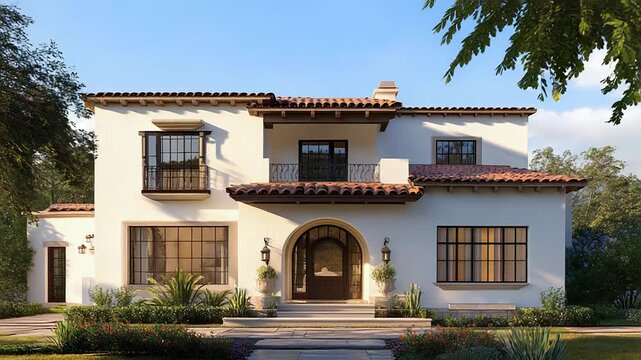 Spanish colonial revival style house with clay tile roof and landscaping