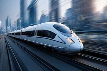 Naklejka premium Modern bullet train gliding swiftly on tracks surrounded by high-rise city buildings under clear sky