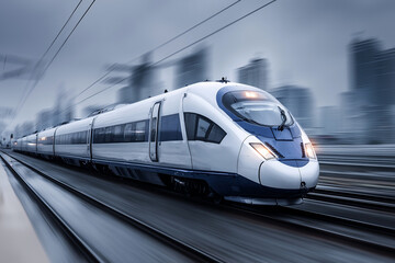 Fototapeta premium Sleek white and blue train speeding past modern skyscrapers in futuristic city on bright morning