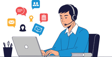 Customer service representative working on a laptop providing support with communication icons floating around a male professional offering virtual assistance in a cartoon vector illustration