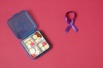 Daily medication intake and purple ribbon symbolizing awareness for several diseases and medical conditions