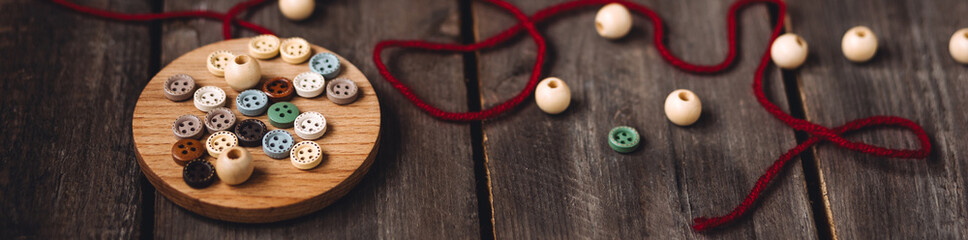 Banner. Concept of christmas leisure, family time, original do it yourself presents. Wooden case with handmade artisan toys from recyclable natural materials, zero waste, sustainable lifestyle, hobby