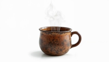 Steaming brown ceramic mug on a white background
