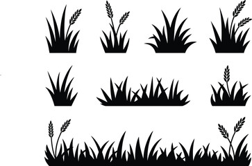 Fototapeta premium Collection of black silhouette grasses and wheat stalks