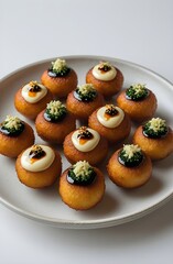 Crispy Japanese takoyaki balls topped with sweet sauce, mayonnaise, green onions, and tempura bits, served on a white plate. Captured in high resolution with clean lighting, ideal for food menus