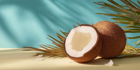 Halved and whole coconuts with palm leaves on a pastel background