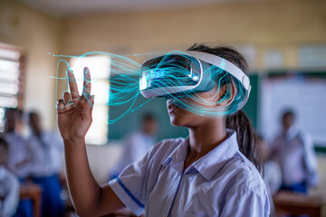 Mixed race school student with VR headset using AI artificial intelligence technology & machine learning.Interactive technology in classroom. Innovation & smart tech. AI blue hologram in education	