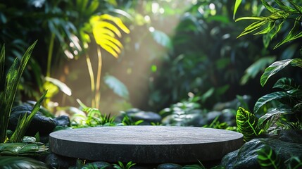 Circular Stone Platform Surrounded by Lush Green Foliage in a Serene Forest Environment