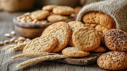 Freshly Baked Cookies and Bread With Grains on Rustic Wooden Table