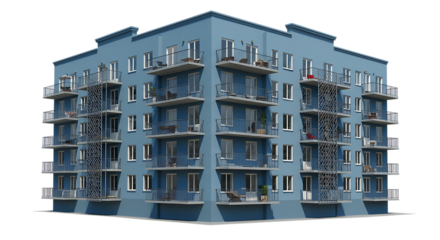 Residential Multi-Story Apartment Complex Exterior On Isolated Transparent Background


