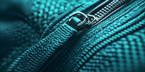 Close up of a silver zipper on fabric with a teal appearance