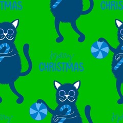 Cartoon funny cats seamless Christmas pattern for wrapping paper and kids clothes print and festive packaging