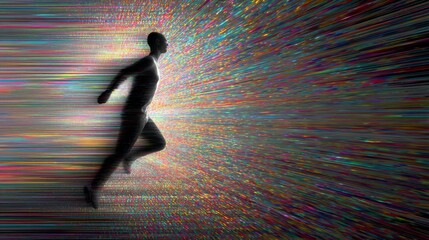Bald man running into colorful data stream and entering metaverse