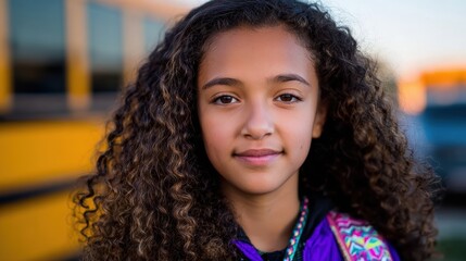 A young girl of color smiles brightly against the backdrop of a yellow school bus, her curly hair and bright eyes expressing the innocence and anticipation of youth.