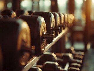 A well-lit gym featuring various weightlifting equipment including dumbbells and weight benches.