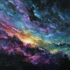 Fototapeta premium Cosmic Nebula Painting Celestial Canvas, Vivid Colors, Night Sky, Galaxy Art