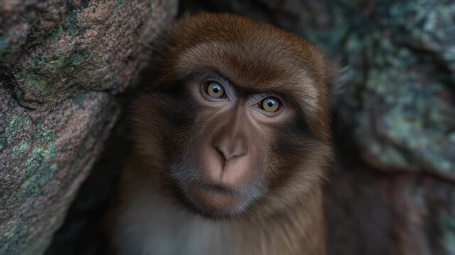 Curious brown monkey peers out from rocky crevice.